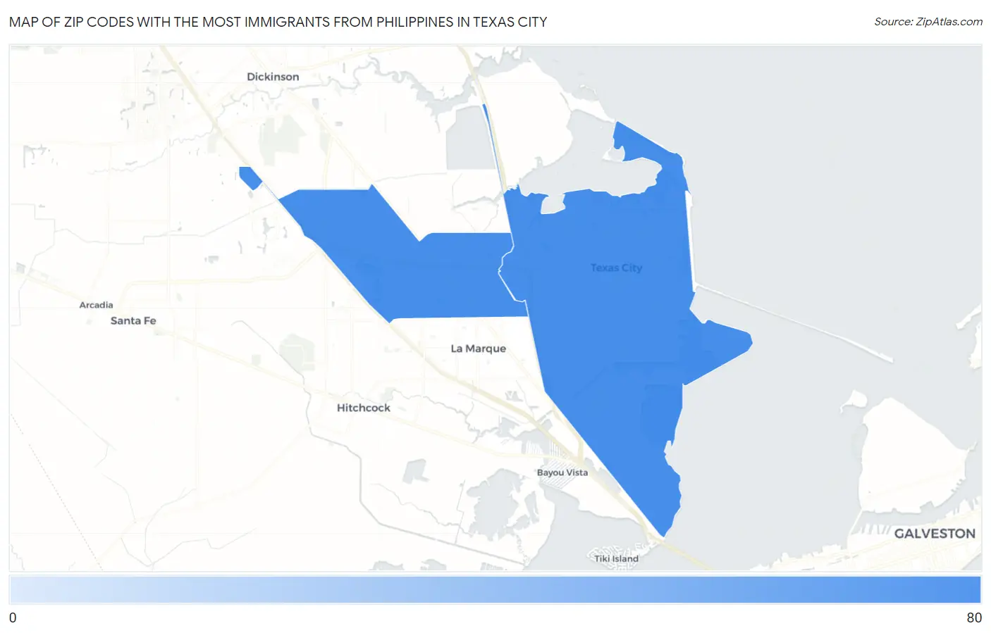 Zip Codes with the Most Immigrants from Philippines in Texas City Map