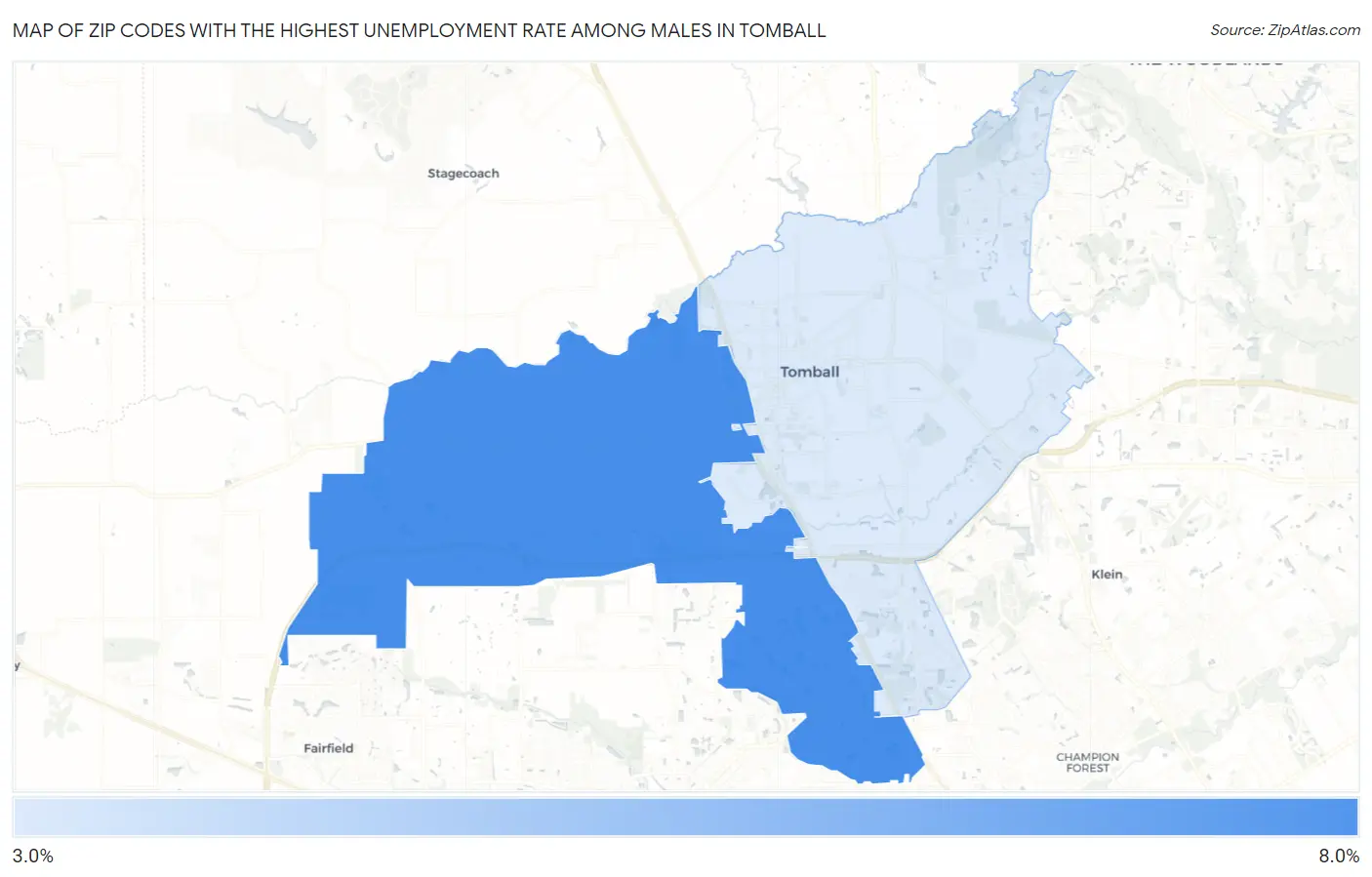 Zip Codes with the Highest Unemployment Rate Among Males in Tomball Map