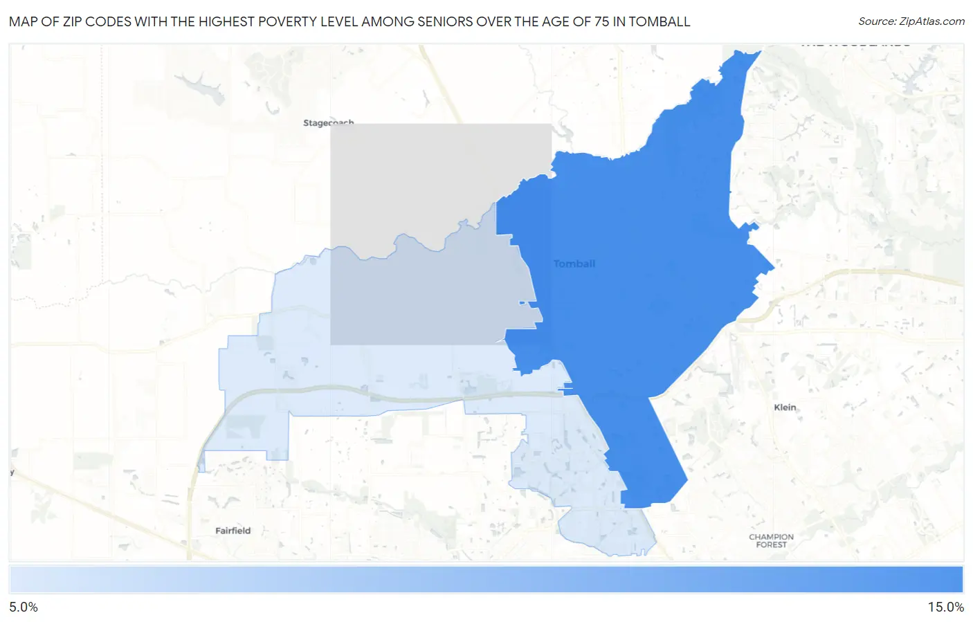 Zip Codes with the Highest Poverty Level Among Seniors Over the Age of 75 in Tomball Map
