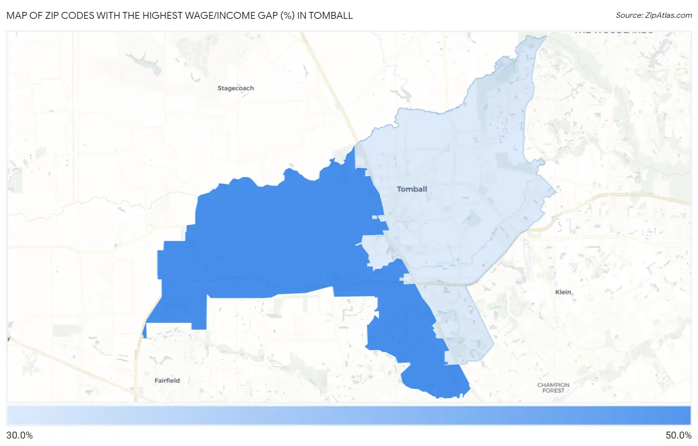 Zip Codes with the Highest Wage/Income Gap (%) in Tomball Map