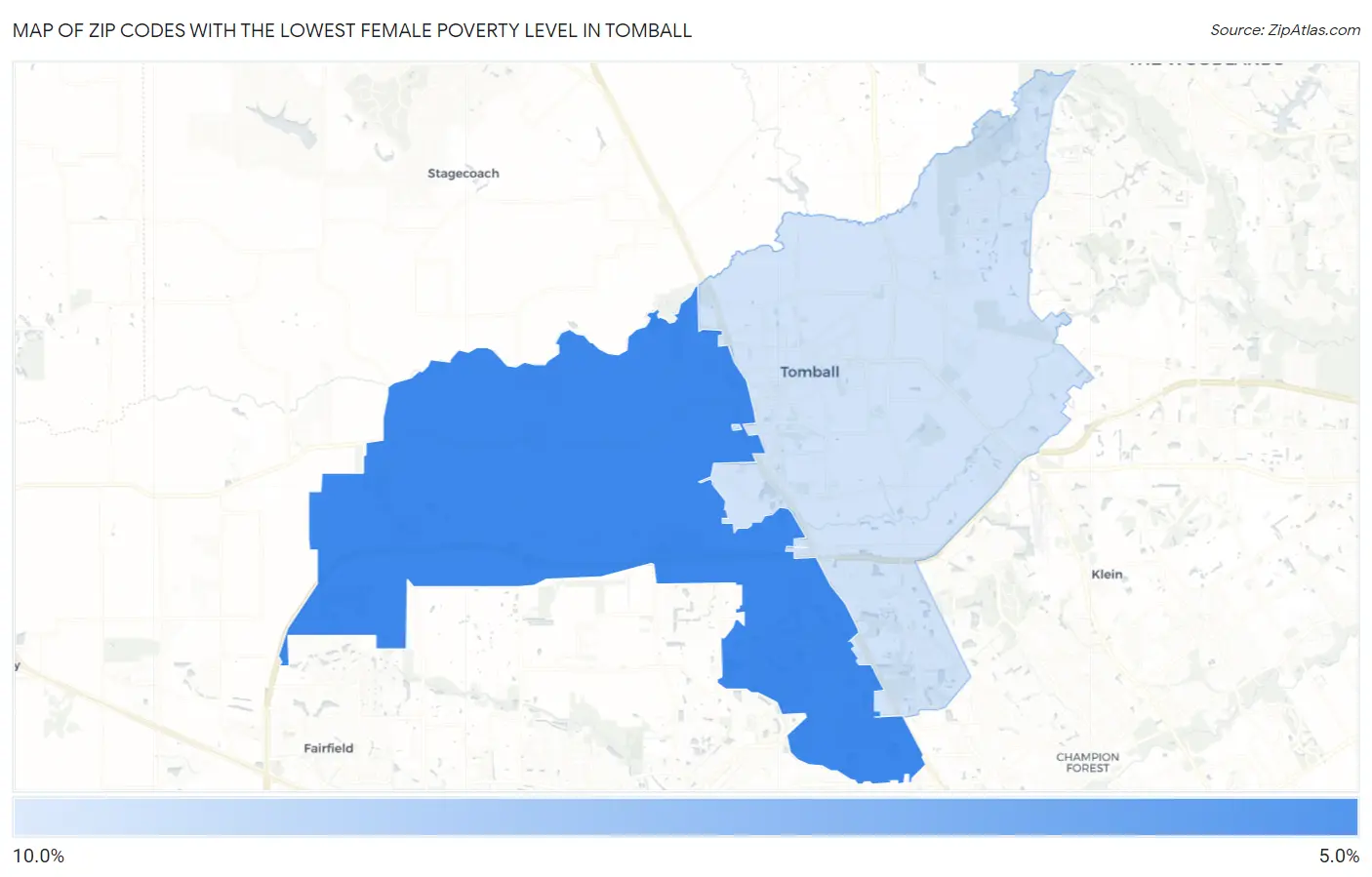 Zip Codes with the Lowest Female Poverty Level in Tomball Map