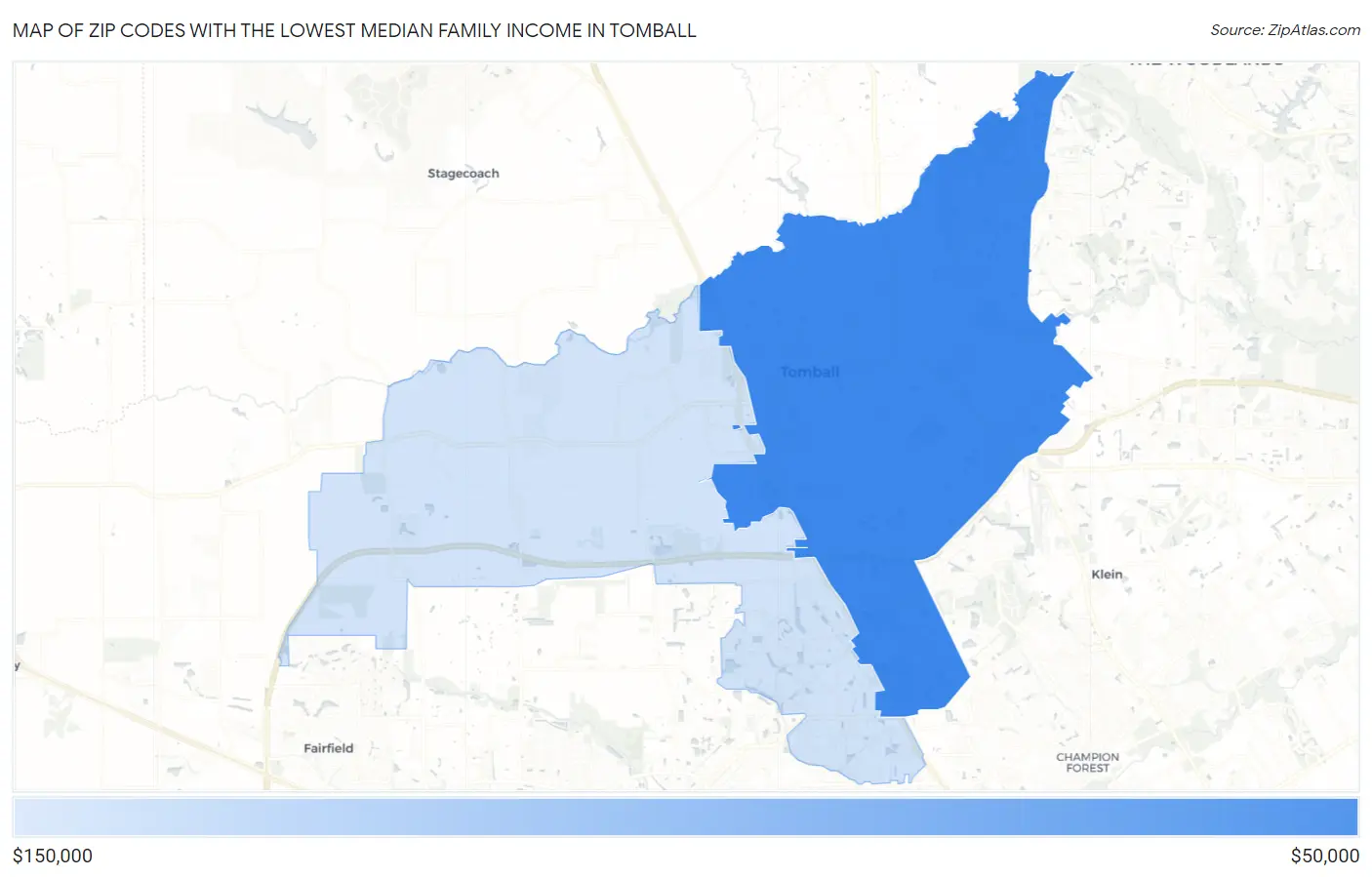Zip Codes with the Lowest Median Family Income in Tomball Map