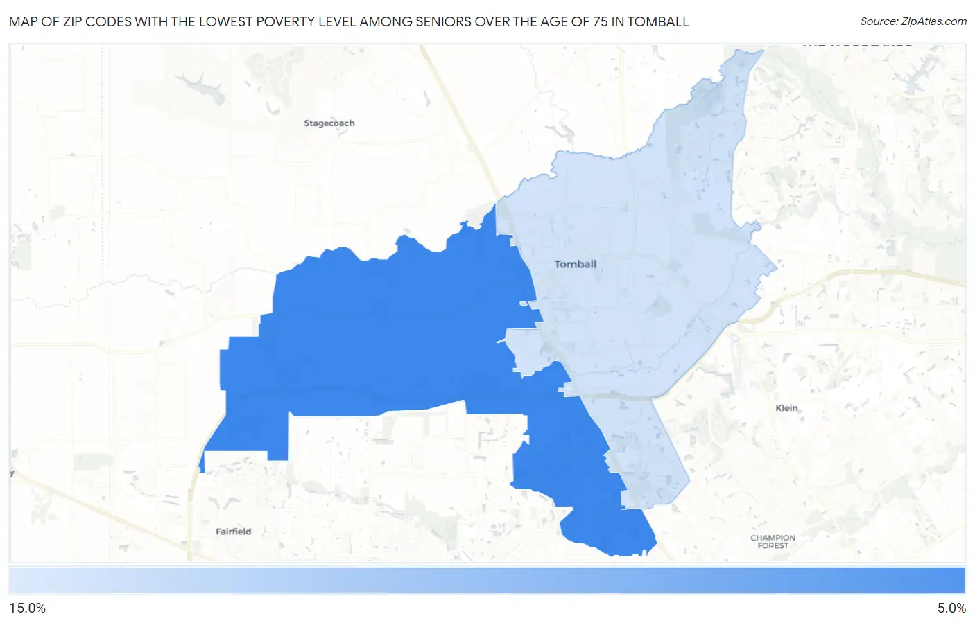 Zip Codes with the Lowest Poverty Level Among Seniors Over the Age of 75 in Tomball Map