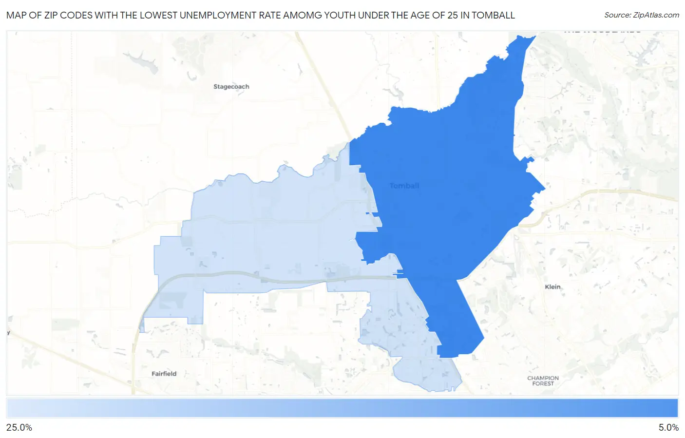 Zip Codes with the Lowest Unemployment Rate Amomg Youth Under the Age of 25 in Tomball Map