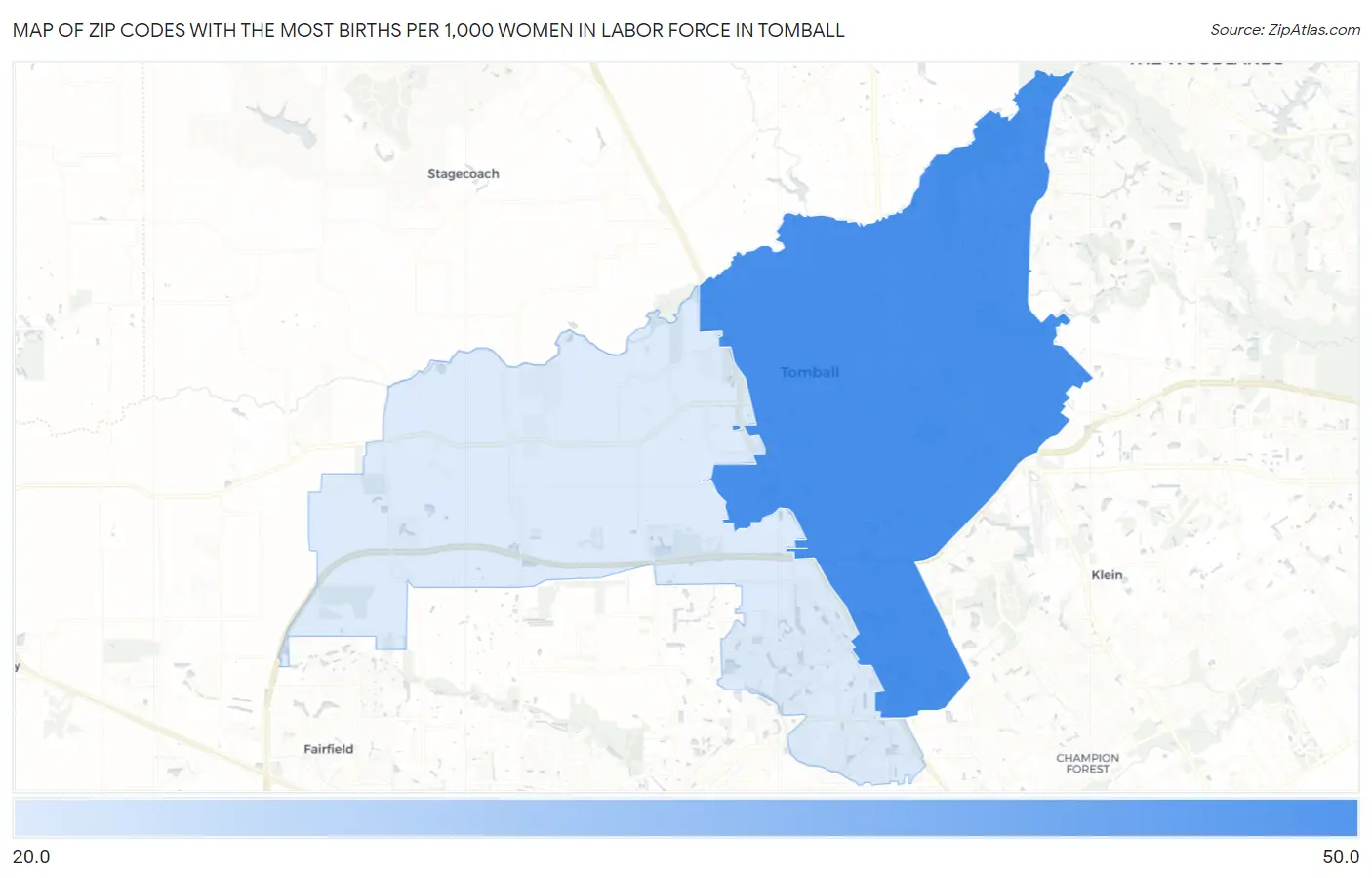 Zip Codes with the Most Births per 1,000 Women in Labor Force in Tomball Map