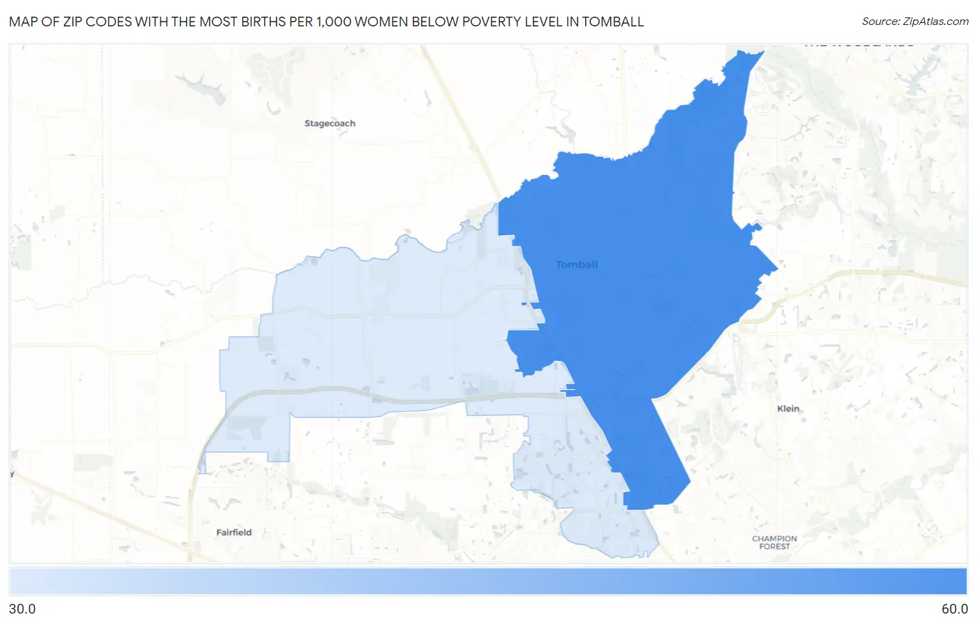 Zip Codes with the Most Births per 1,000 Women Below Poverty Level in Tomball Map