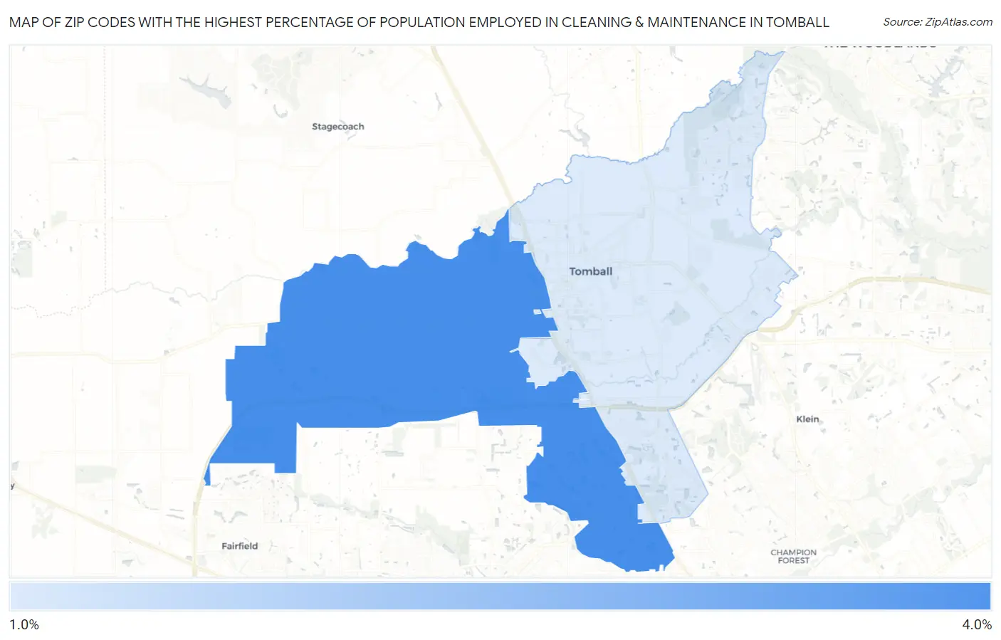 Zip Codes with the Highest Percentage of Population Employed in Cleaning & Maintenance in Tomball Map