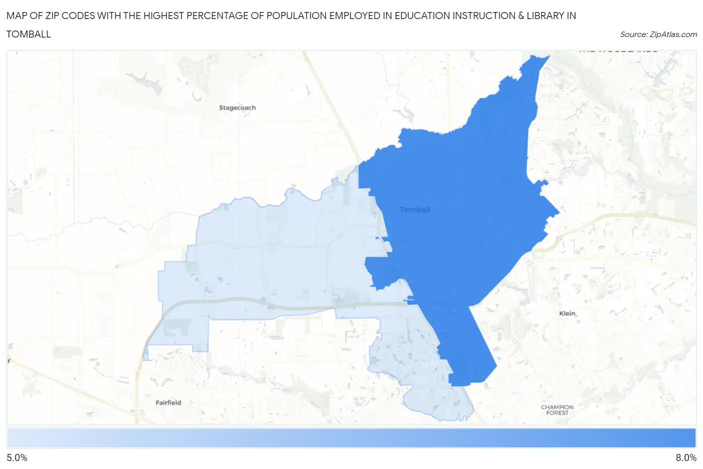 Zip Codes with the Highest Percentage of Population Employed in Education Instruction & Library in Tomball Map