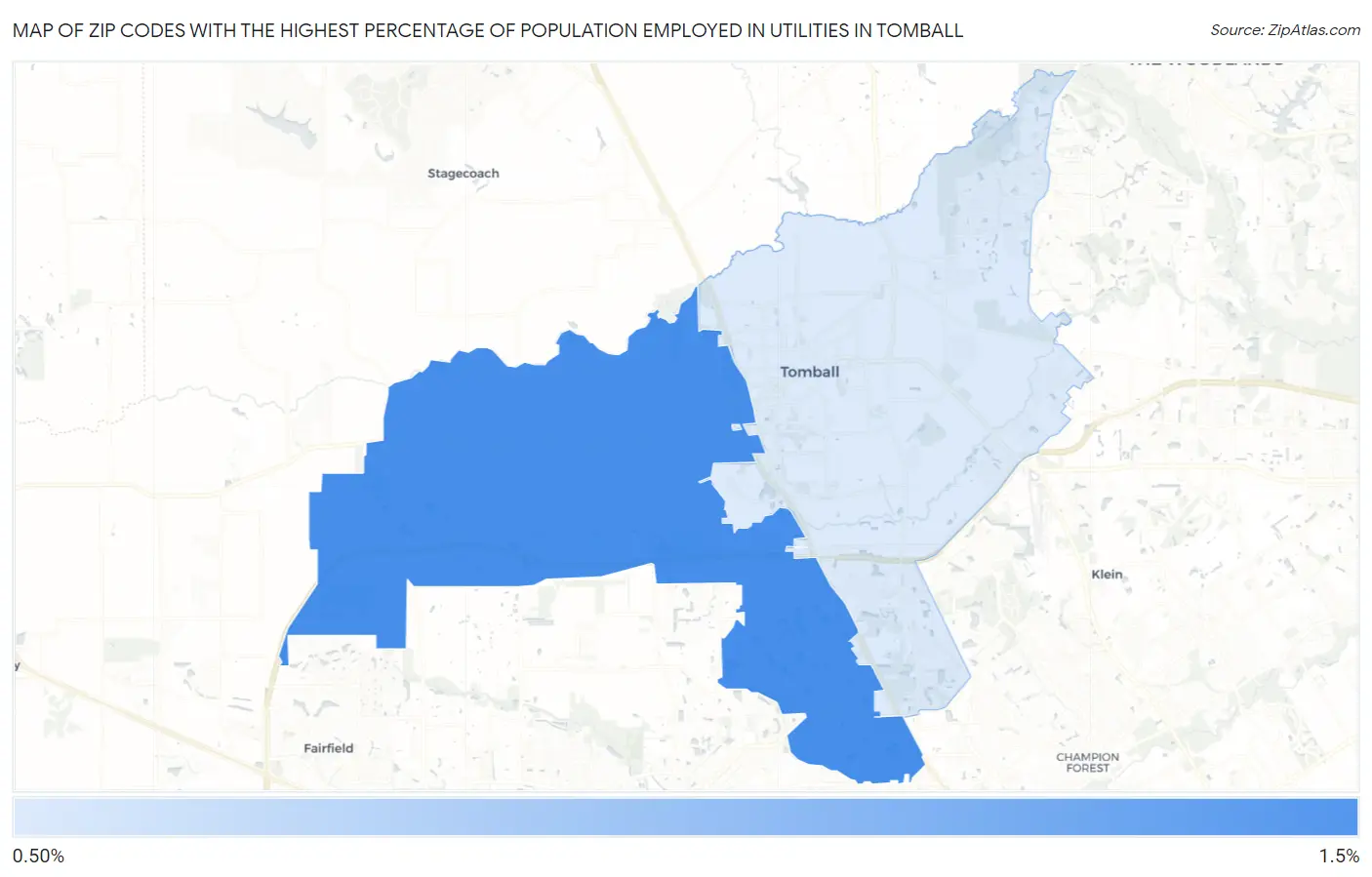 Zip Codes with the Highest Percentage of Population Employed in Utilities in Tomball Map