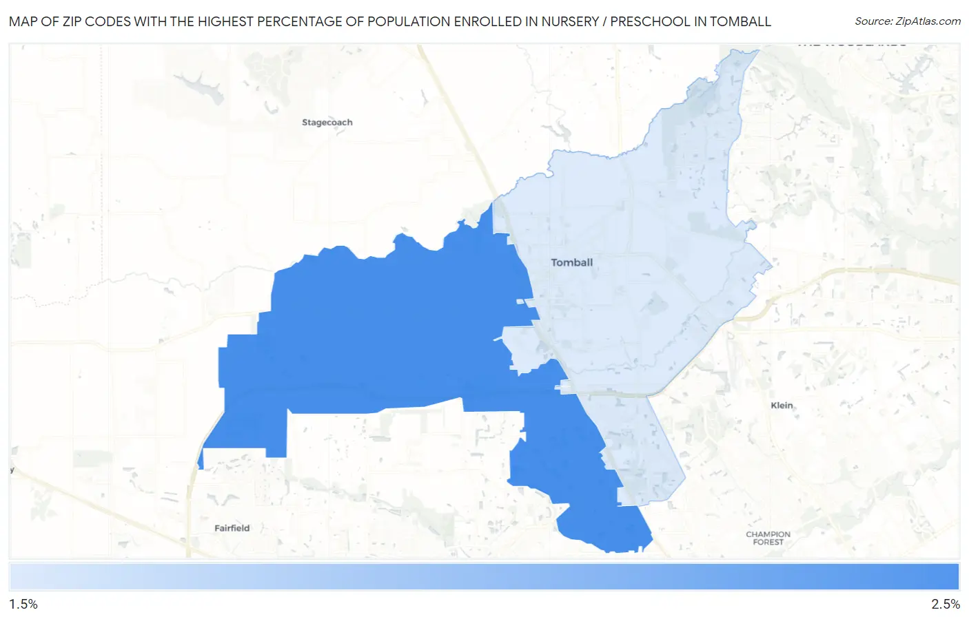 Zip Codes with the Highest Percentage of Population Enrolled in Nursery / Preschool in Tomball Map