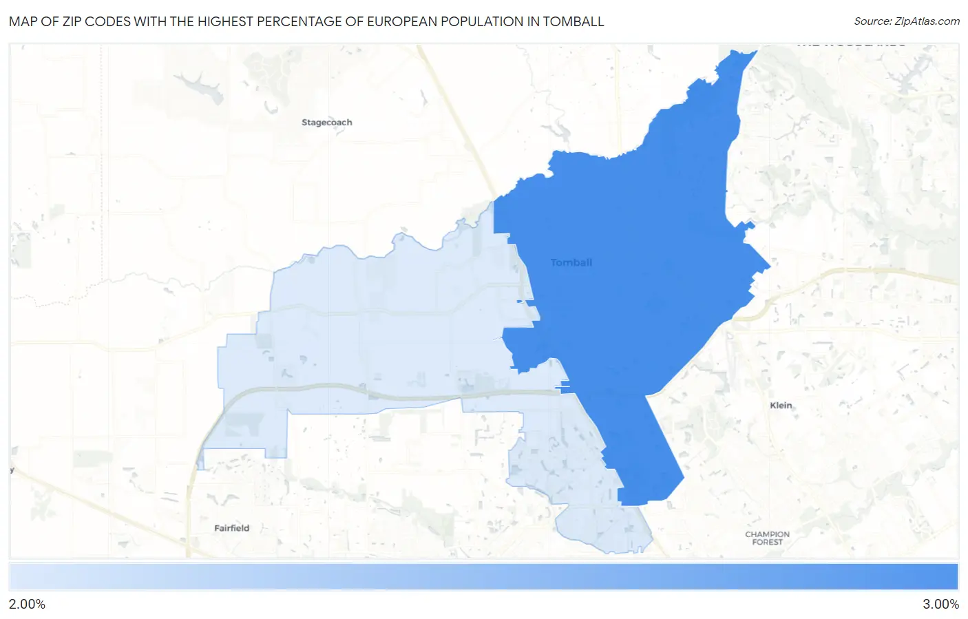 Zip Codes with the Highest Percentage of European Population in Tomball Map