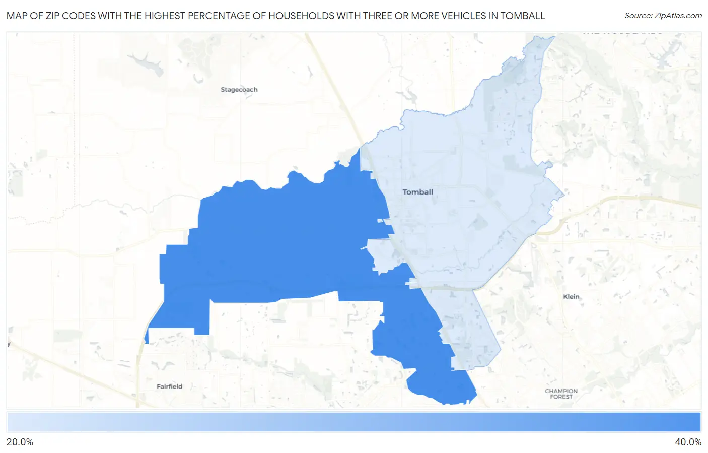 Zip Codes with the Highest Percentage of Households With Three or more Vehicles in Tomball Map