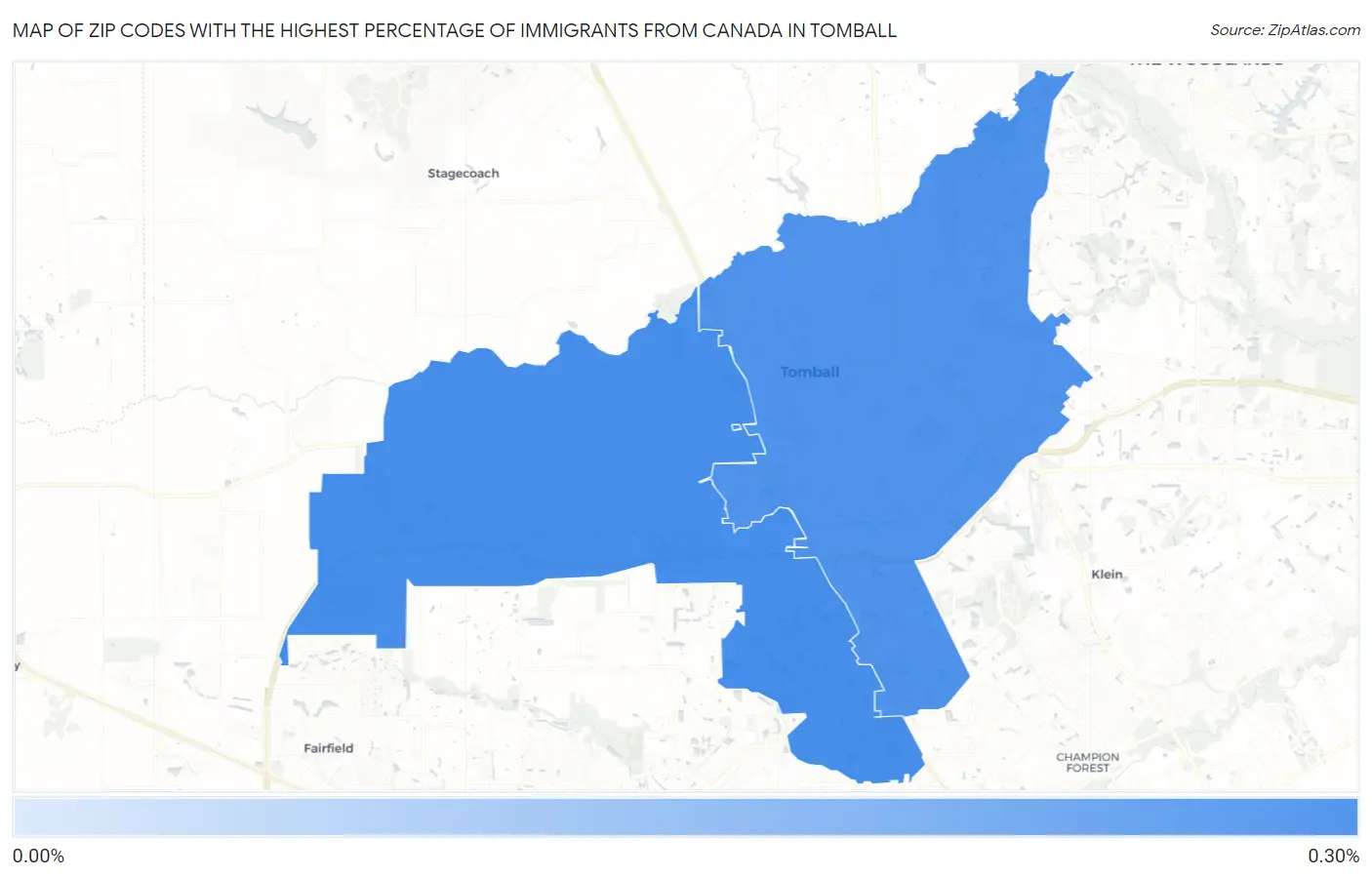 Zip Codes with the Highest Percentage of Immigrants from Canada in Tomball Map