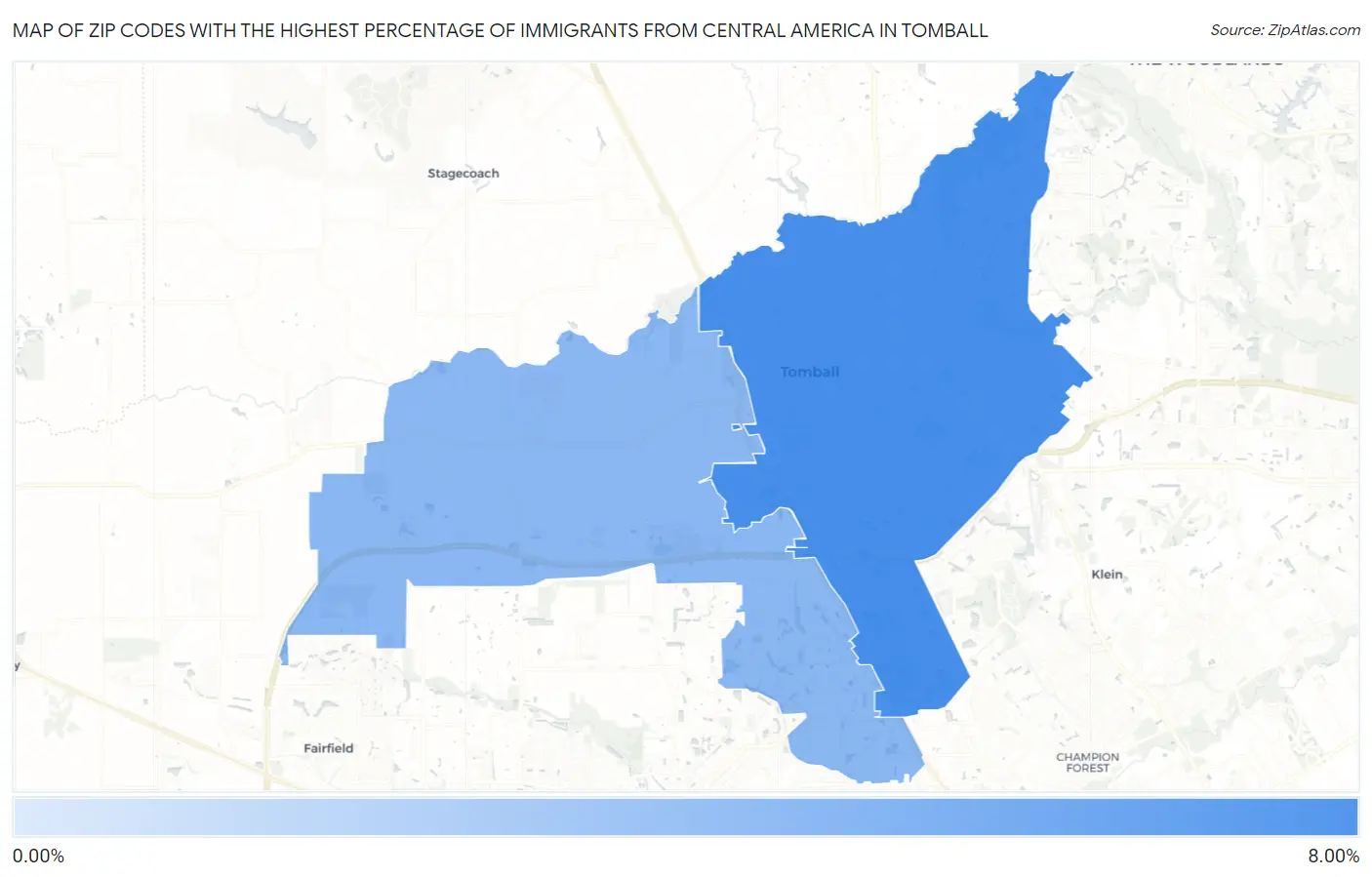 Zip Codes with the Highest Percentage of Immigrants from Central America in Tomball Map