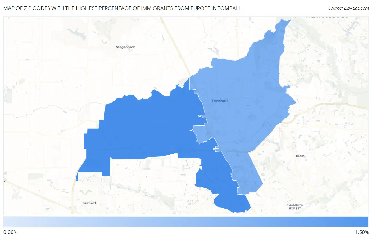 Zip Codes with the Highest Percentage of Immigrants from Europe in Tomball Map