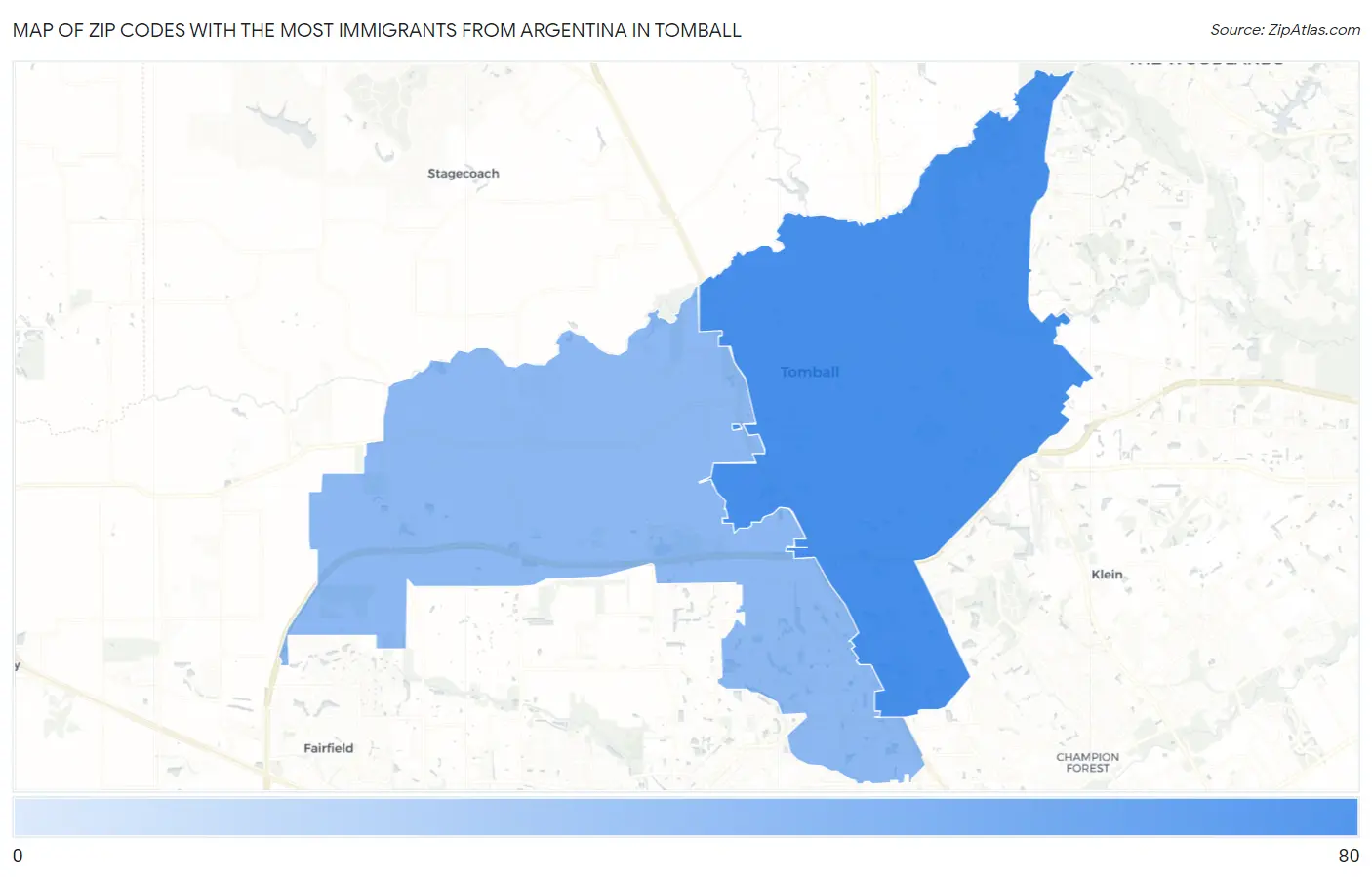 Zip Codes with the Most Immigrants from Argentina in Tomball Map