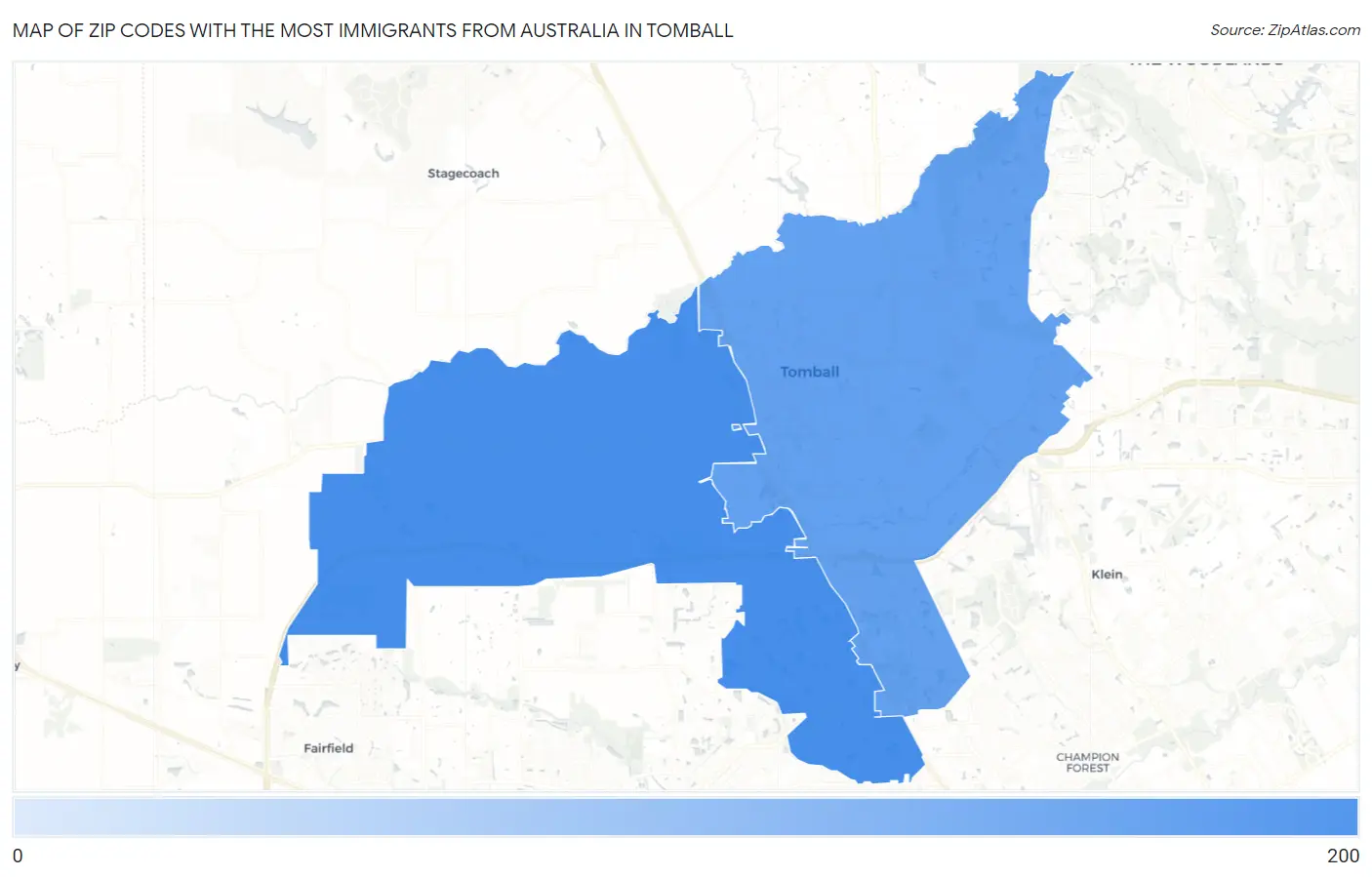 Zip Codes with the Most Immigrants from Australia in Tomball Map