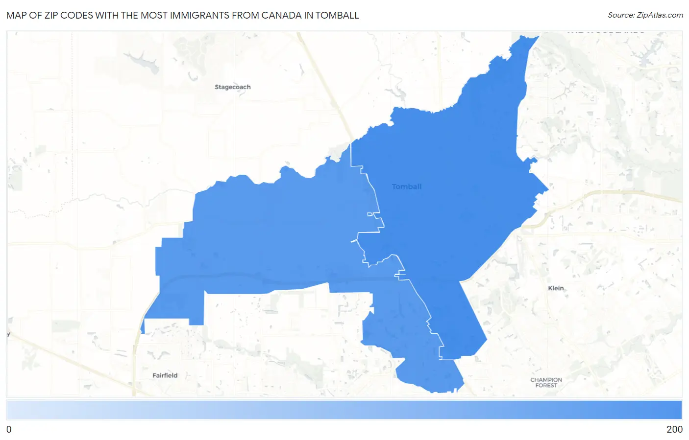 Zip Codes with the Most Immigrants from Canada in Tomball Map