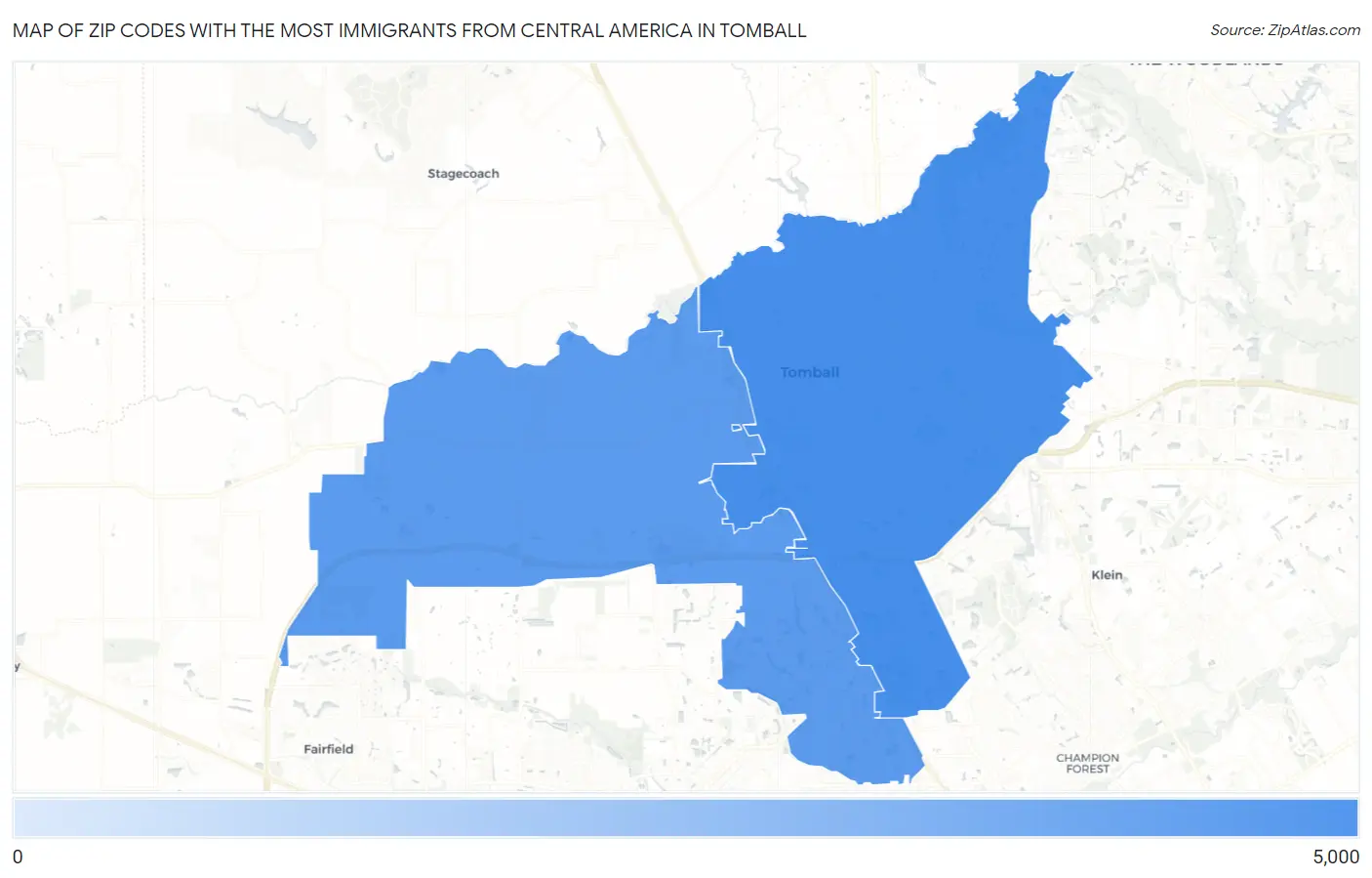 Zip Codes with the Most Immigrants from Central America in Tomball Map