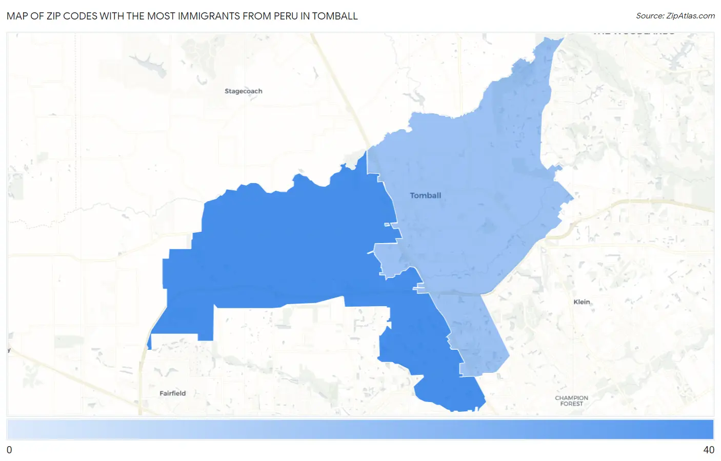 Zip Codes with the Most Immigrants from Peru in Tomball Map