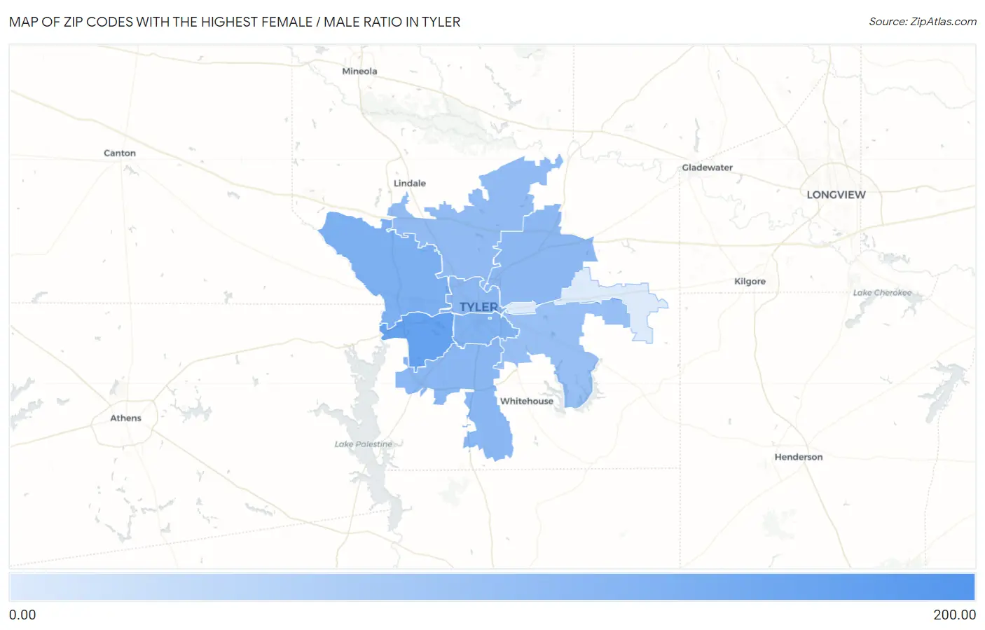 Zip Codes with the Highest Female / Male Ratio in Tyler Map