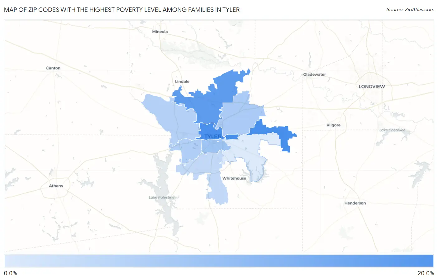 Zip Codes with the Highest Poverty Level Among Families in Tyler Map