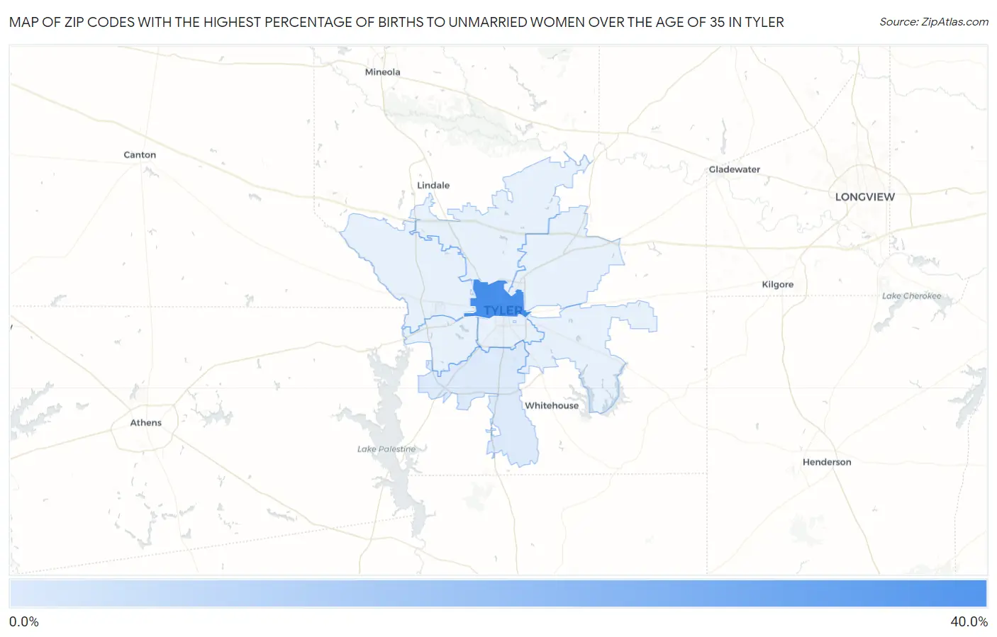 Zip Codes with the Highest Percentage of Births to Unmarried Women over the Age of 35 in Tyler Map