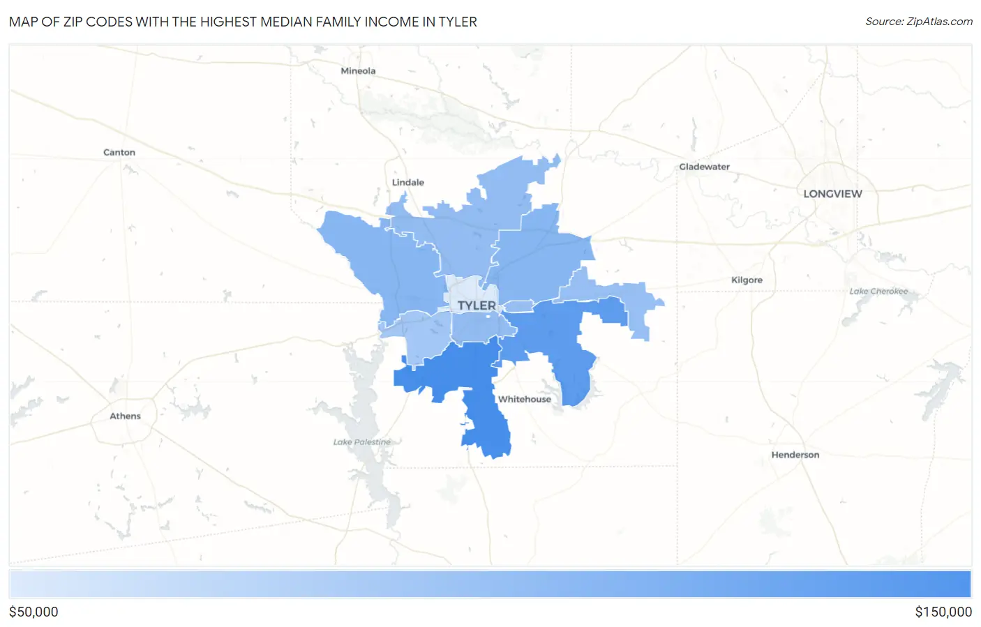 Zip Codes with the Highest Median Family Income in Tyler Map