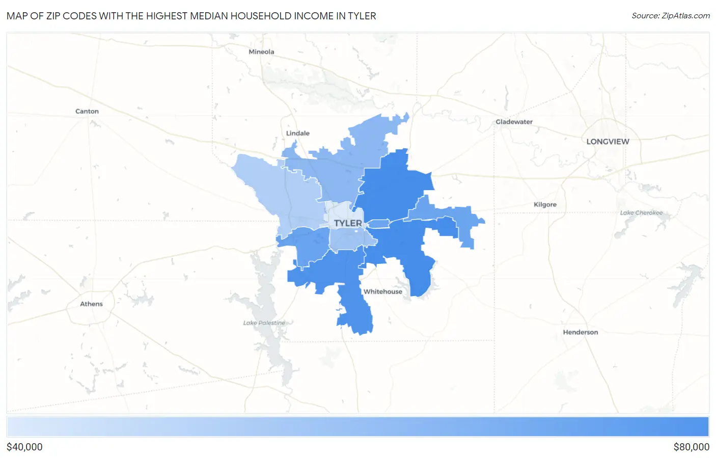 Zip Codes with the Highest Median Household Income in Tyler Map