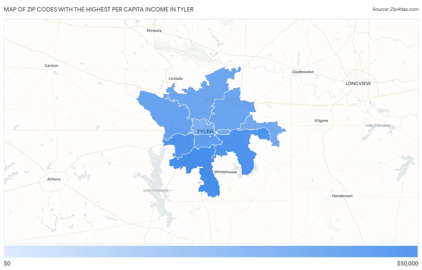 Zip Codes with the Highest Per Capita Income in Tyler Map