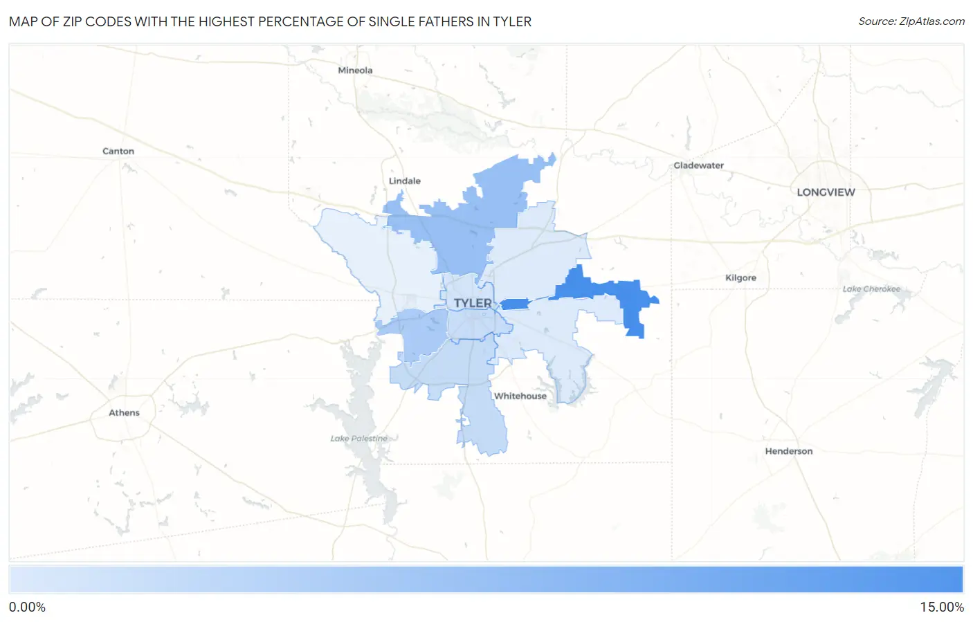 Zip Codes with the Highest Percentage of Single Fathers in Tyler Map