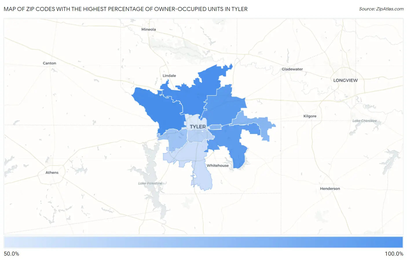 Zip Codes with the Highest Percentage of Owner-Occupied Units in Tyler Map