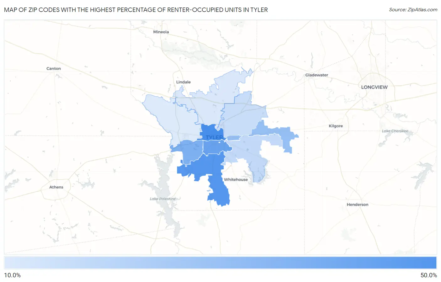 Zip Codes with the Highest Percentage of Renter-Occupied Units in Tyler Map