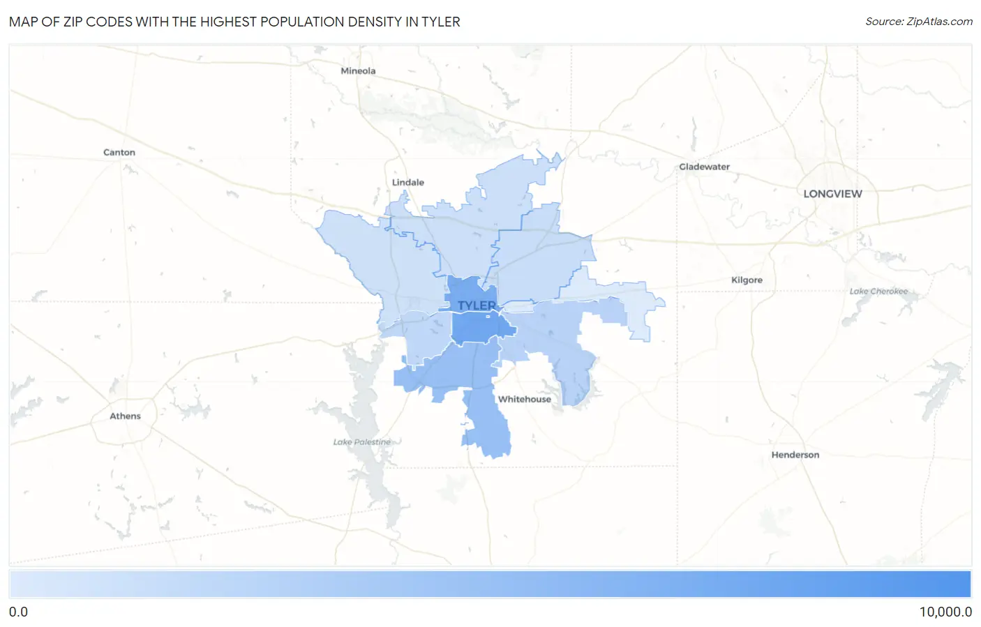 Zip Codes with the Highest Population Density in Tyler Map