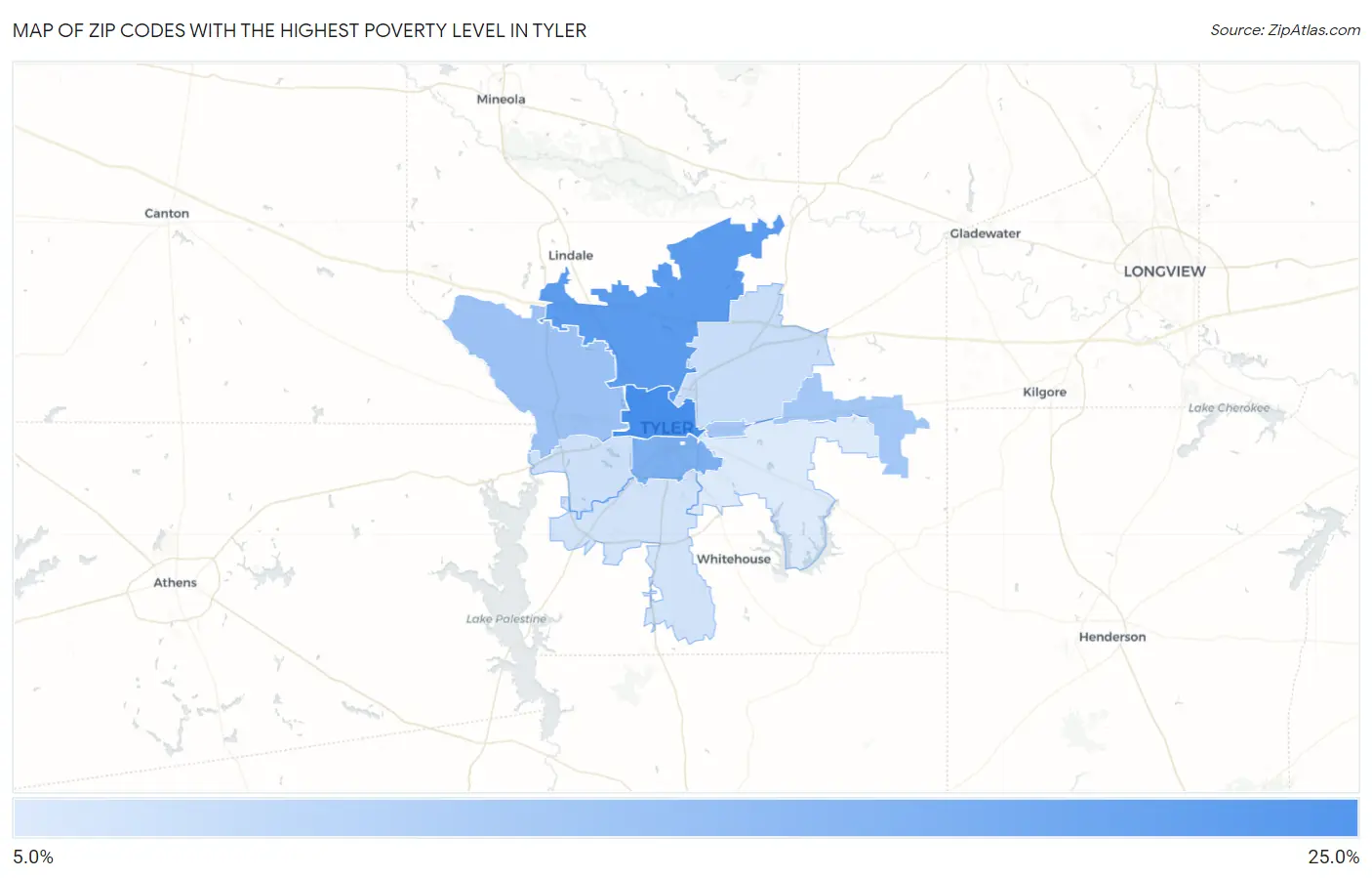 Zip Codes with the Highest Poverty Level in Tyler Map