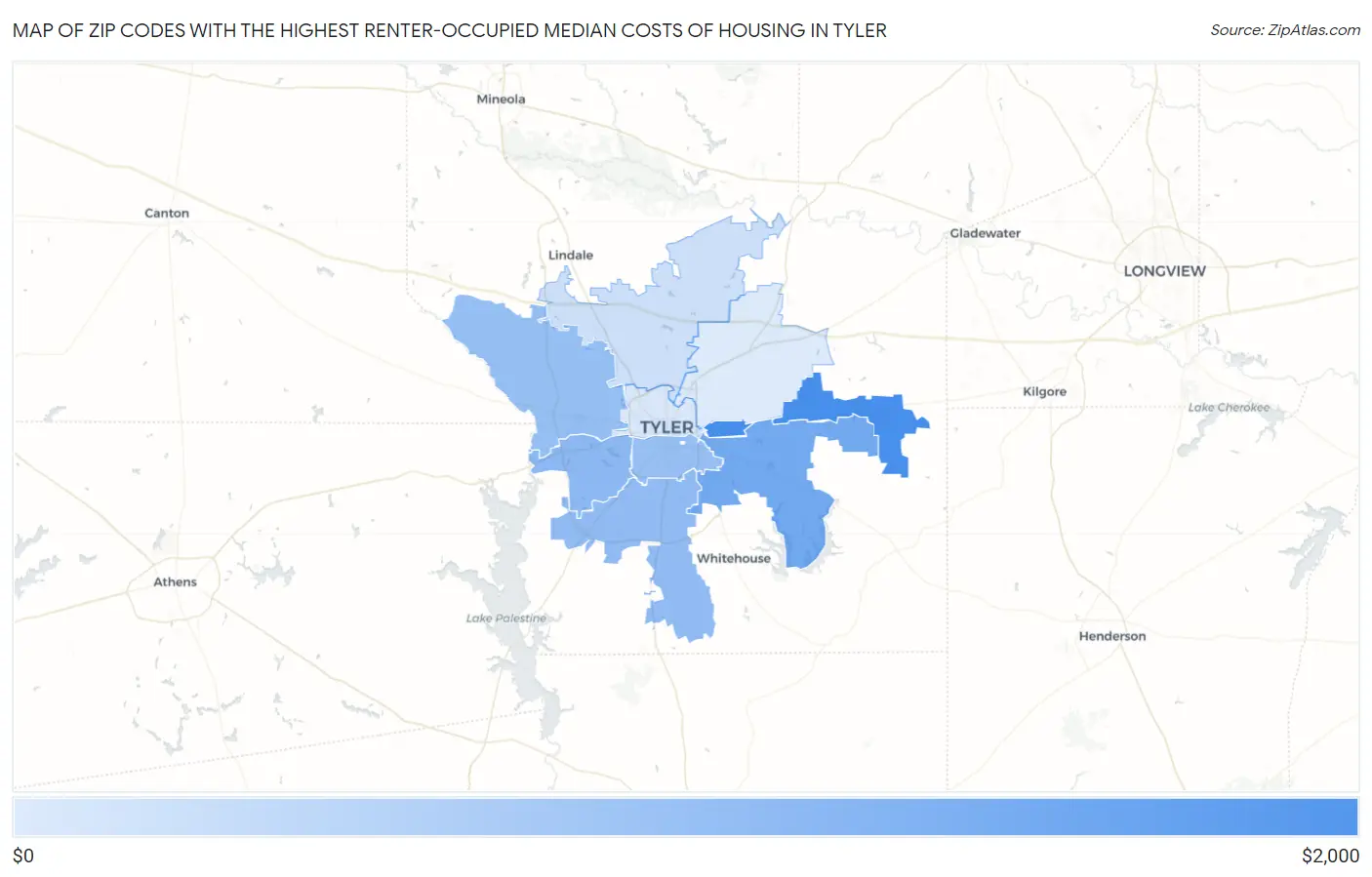 Zip Codes with the Highest Renter-Occupied Median Costs of Housing in Tyler Map