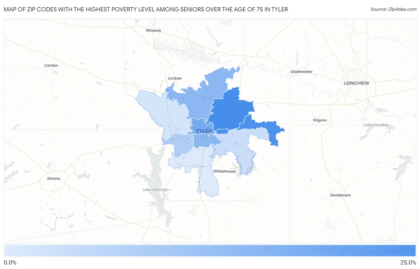 Zip Codes with the Highest Poverty Level Among Seniors Over the Age of 75 in Tyler Map