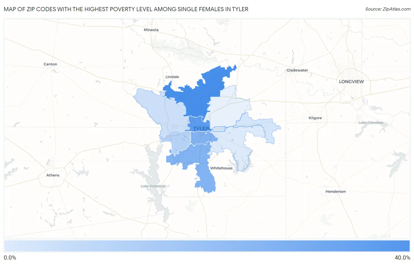 Zip Codes with the Highest Poverty Level Among Single Females in Tyler Map
