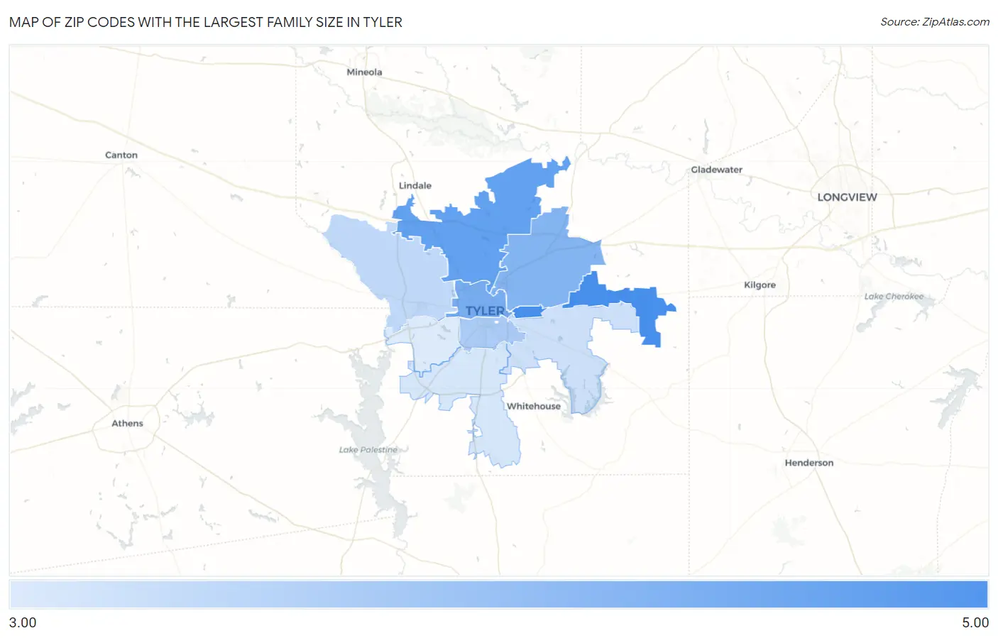 Zip Codes with the Largest Family Size in Tyler Map