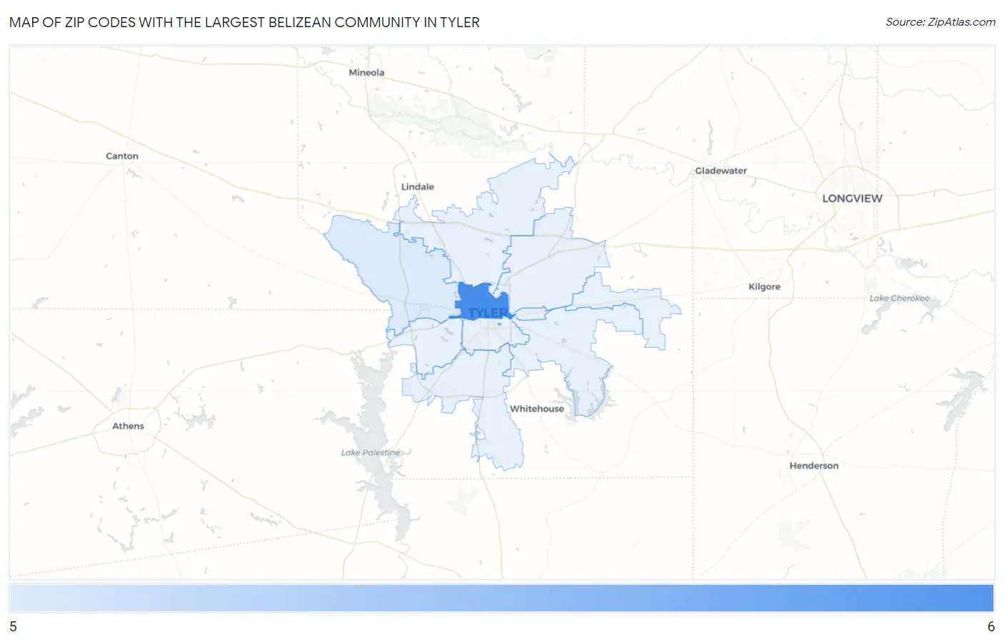 Zip Codes with the Largest Belizean Community in Tyler Map