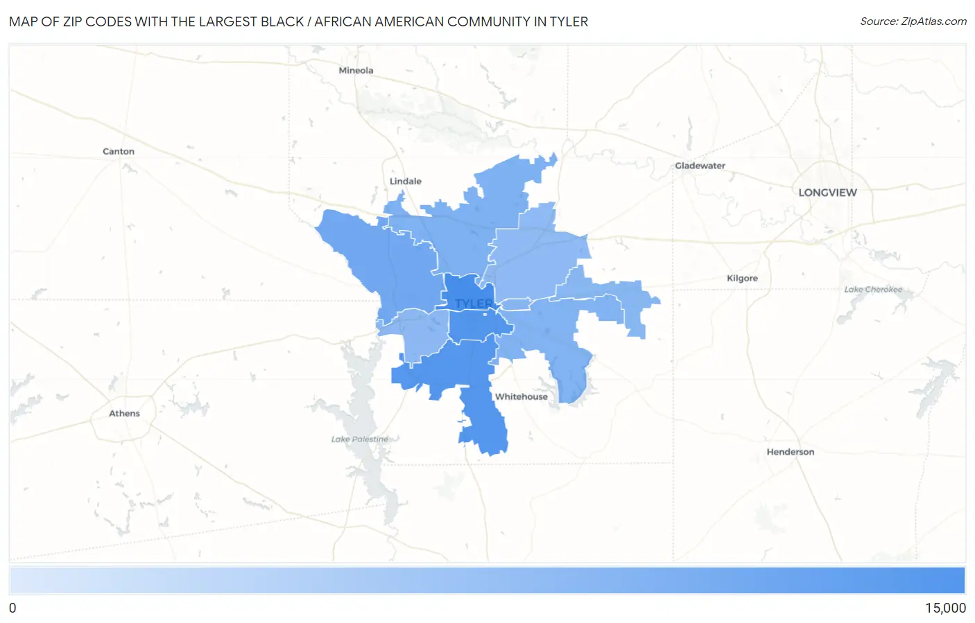Zip Codes with the Largest Black / African American Community in Tyler Map