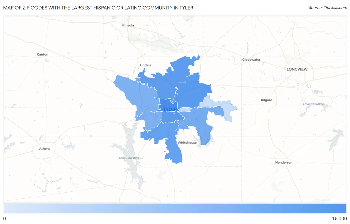 Zip Codes with the Largest Hispanic or Latino Community in Tyler Map