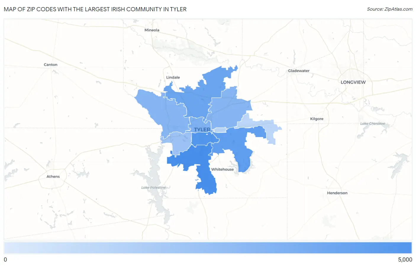 Zip Codes with the Largest Irish Community in Tyler Map