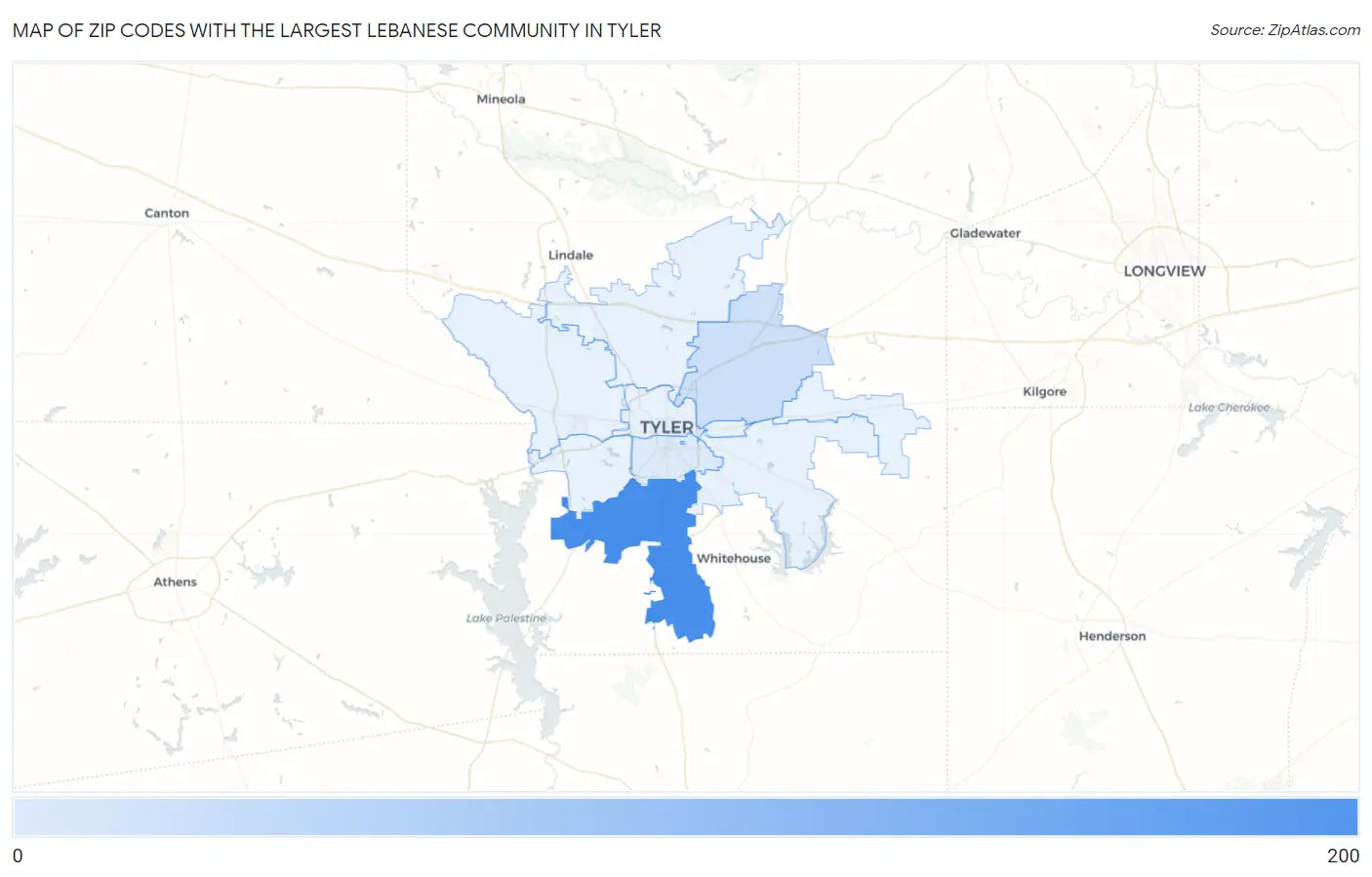 Zip Codes with the Largest Lebanese Community in Tyler Map