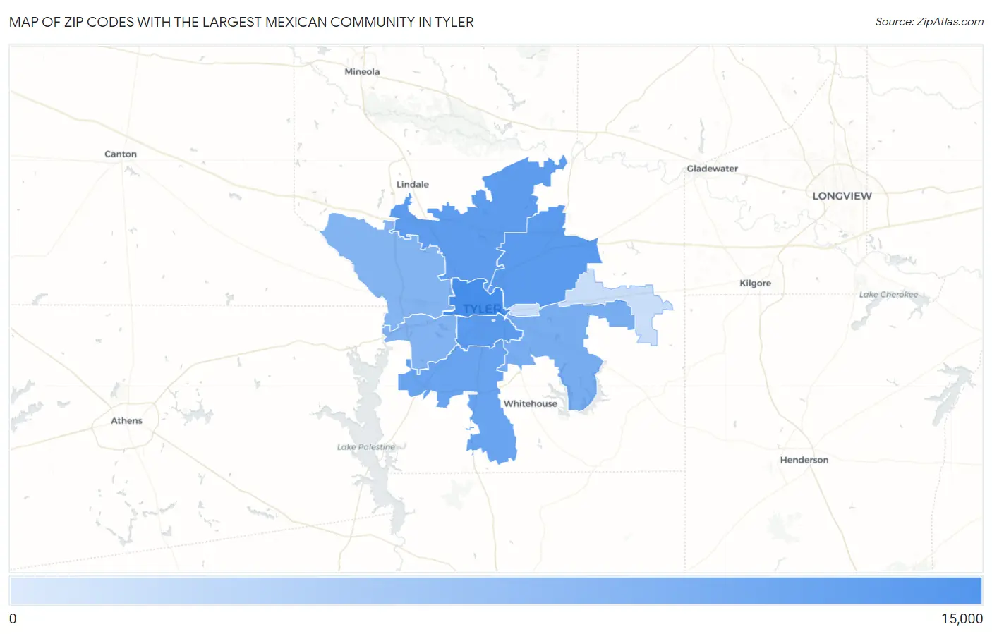 Zip Codes with the Largest Mexican Community in Tyler Map