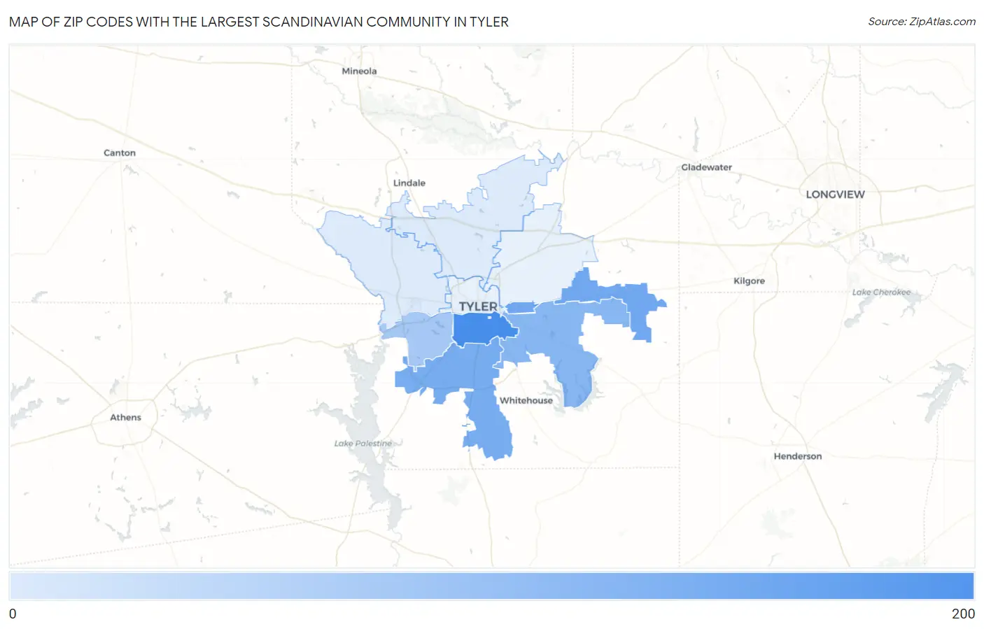 Zip Codes with the Largest Scandinavian Community in Tyler Map