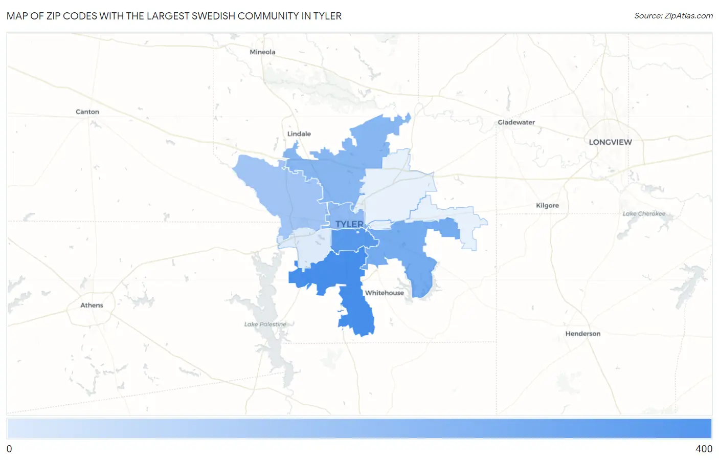 Zip Codes with the Largest Swedish Community in Tyler Map