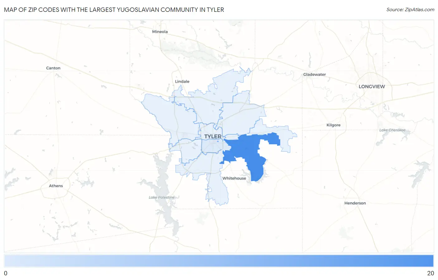 Zip Codes with the Largest Yugoslavian Community in Tyler Map
