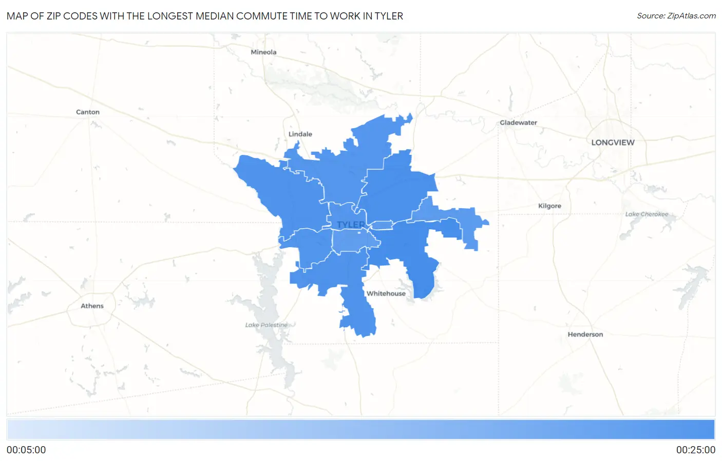 Zip Codes with the Longest Median Commute Time to Work in Tyler Map