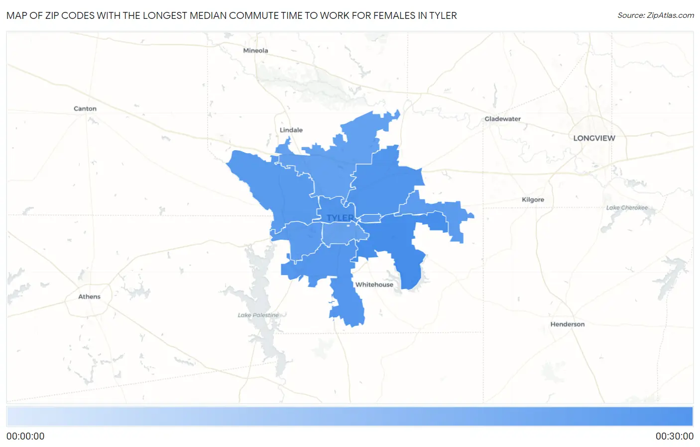 Zip Codes with the Longest Median Commute Time to Work for Females in Tyler Map